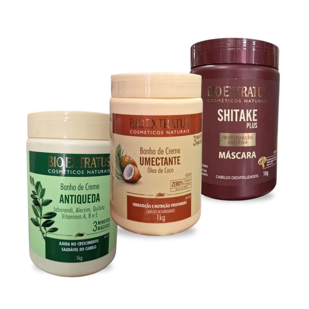 Kit Cronograma Capilar Bio Extratus 3x 1kg Banho Creme Umectante, Antiqueda , Máscara Shitake