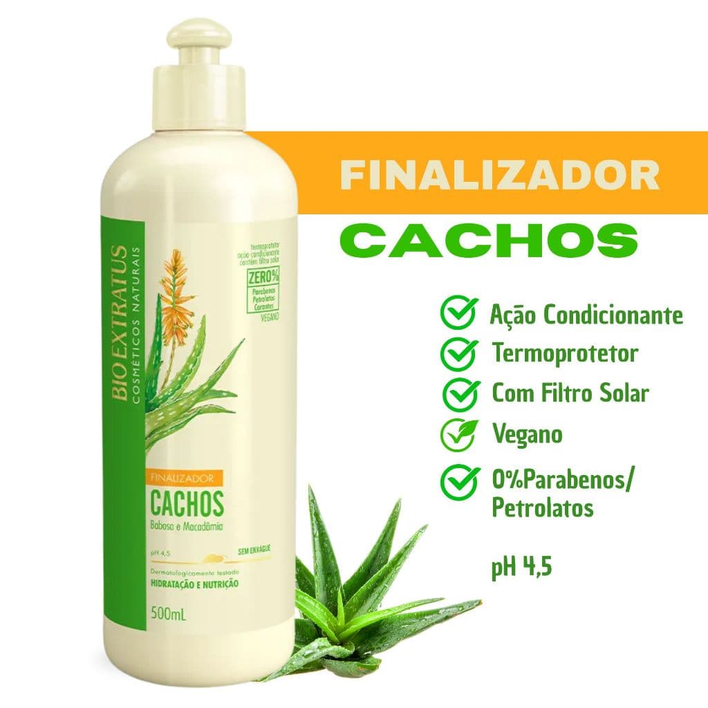 Finalizador Cachos BioExtratus 500ml Creme Pentear Babosa E Macadâmia Vegano C/Termoprotetor