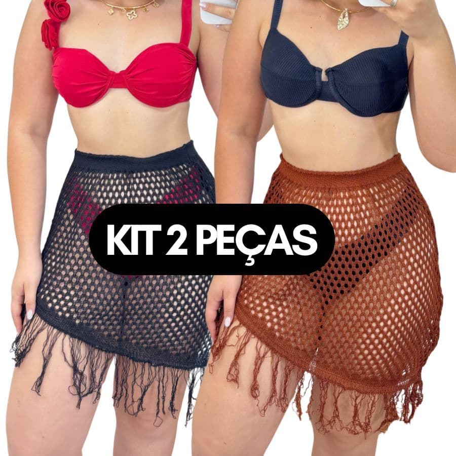 KIT 2 Saias Feminina Saída De Praia Franja LAÍS Roupa Feminina Assimétrica Tricot Furadinha Verão