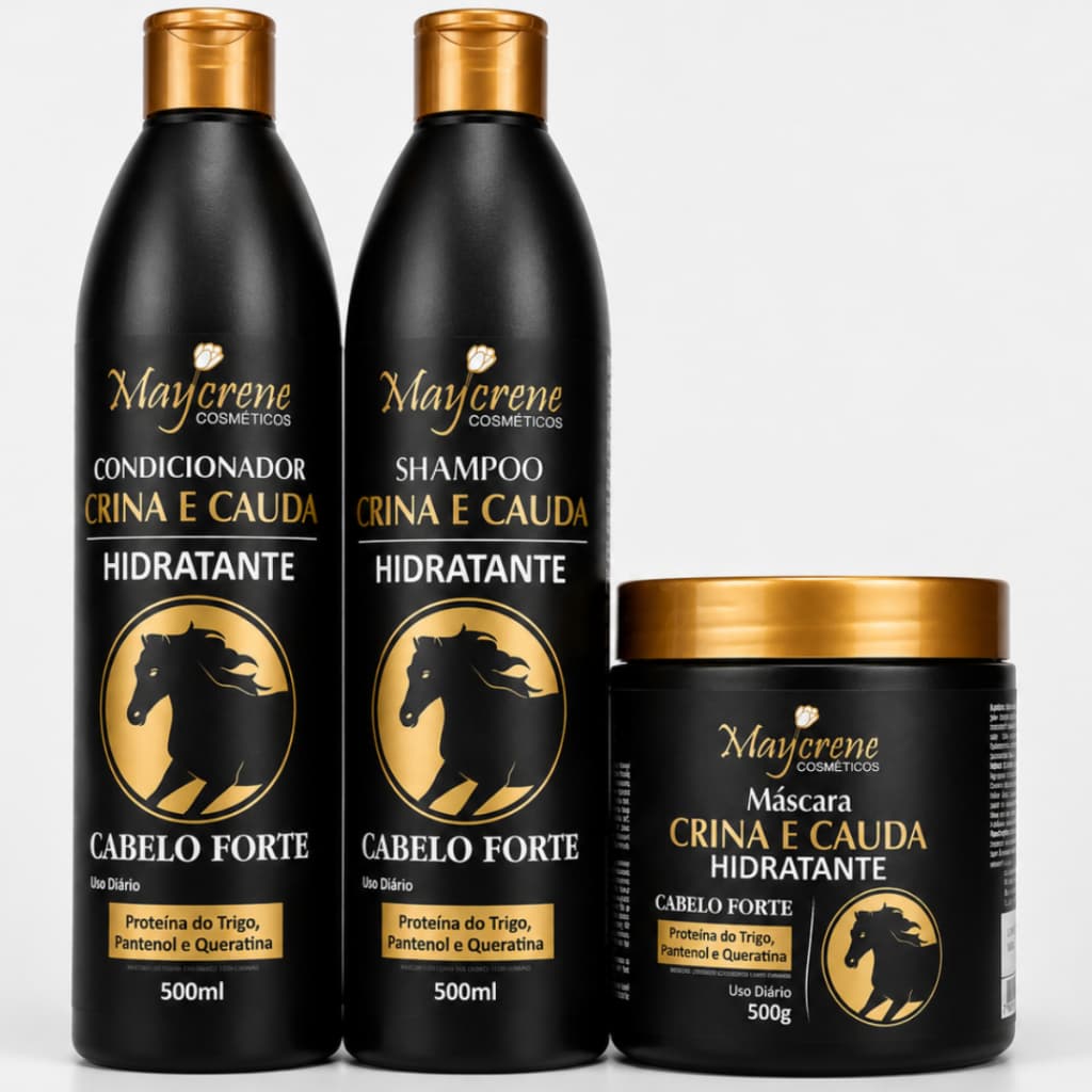 Kit Crina e Cauda Crescimento Shampoo Condicionador Máscara Hidratação Cabelo Forte Maycrene