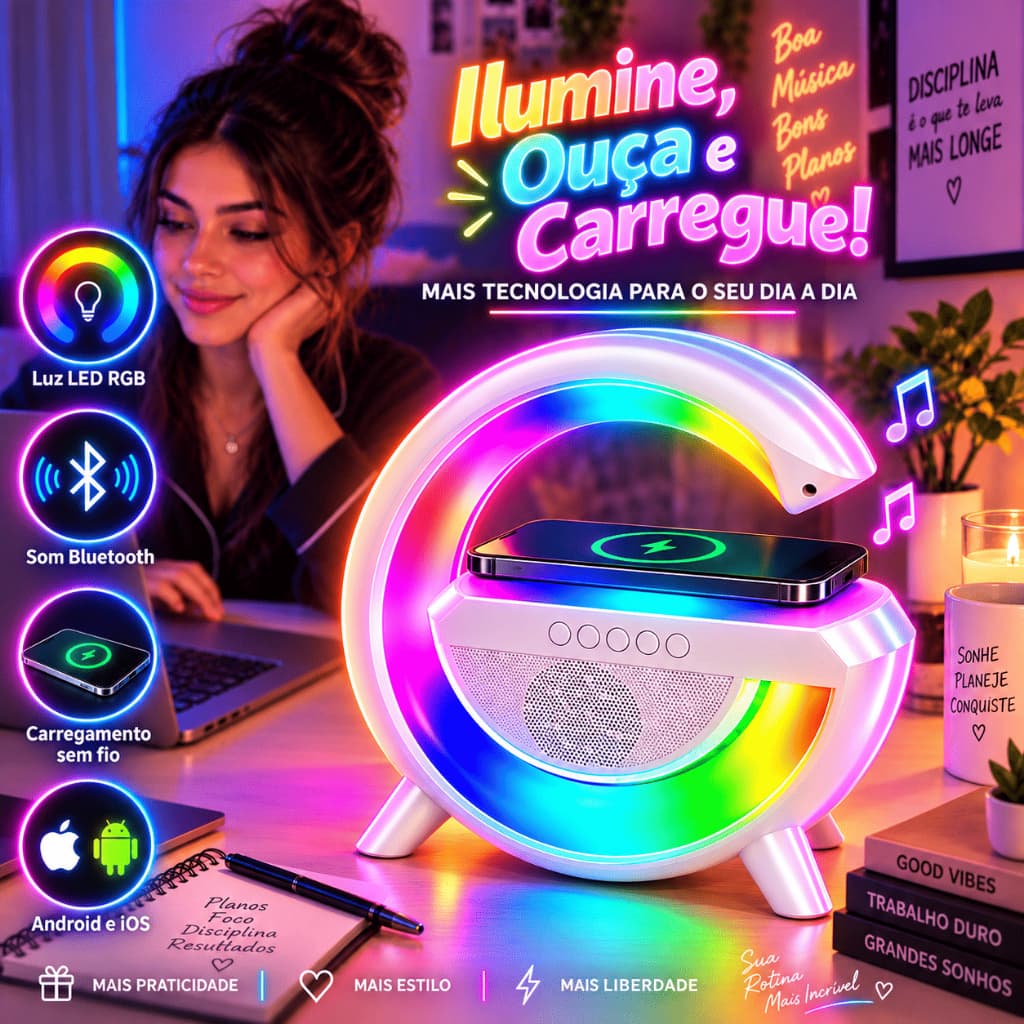 Luminaria Caixa de Som Bluetooth G Carregador Indução Celular Usb Led RGB, Radio FM, Musicas Iluminação e diversão Festa