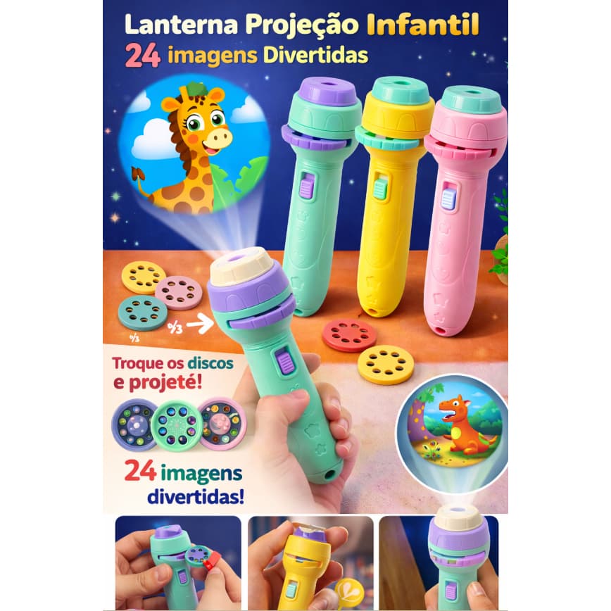 Lanterna Projetora Infantil 24 Imagens Animais para Crianças  Brinquedo Projeção 3 Discos