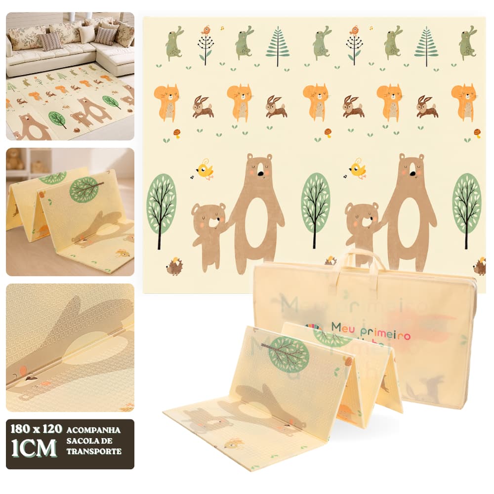 Tapete Infantil de Atividades 180 x 120 x 1cm Dupla Face Urso Tatame Térmico para Bebe Emborrachado