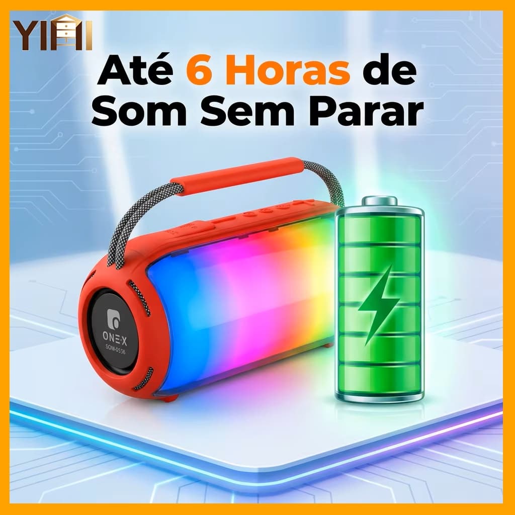 Caixa de Som Bluetooth ONE-X SOM-0536 20W IPX6 À Prova D'água Luz RGB Portátil Alça Reforçada Bateria