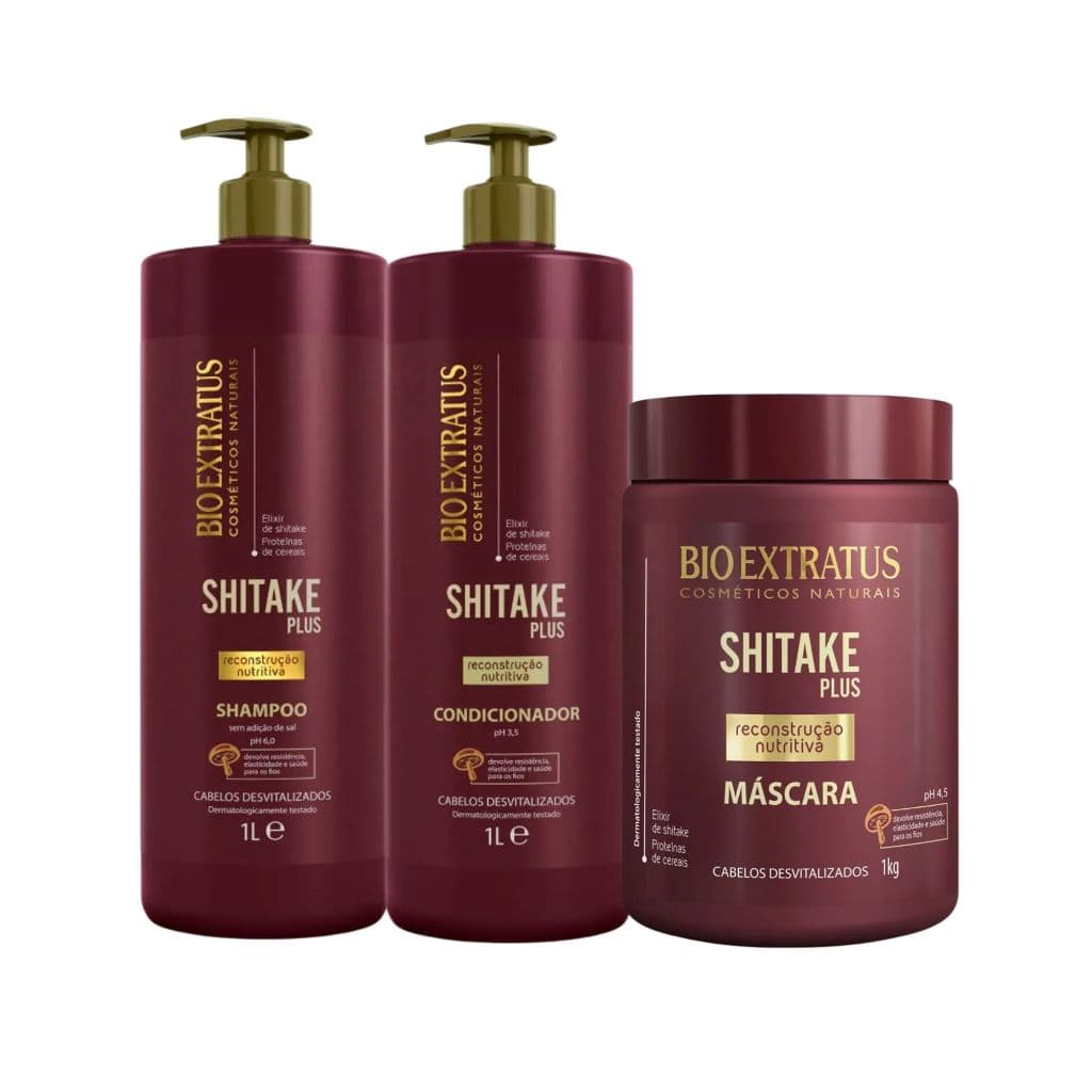Kit Shitake Plus Bio Extratus Shampoo1L +Condicionador1L +Máscara 1Kg Cabelos Danificados Ressecados