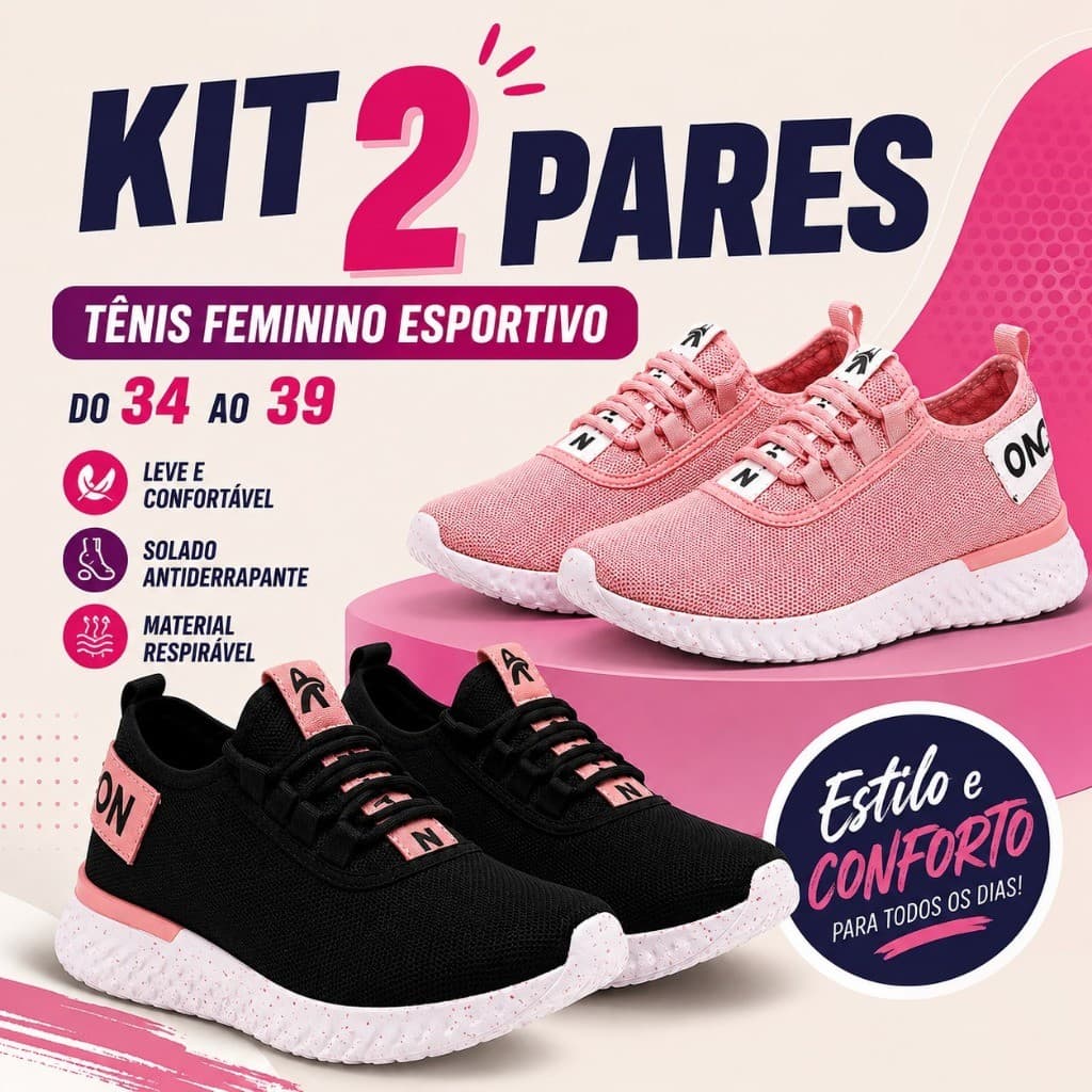 Kit 2 Tênis Feminino Preto Rosa Esportivo Casual Confortável Solado Macio Academia Do 34 ao 39 Promoção