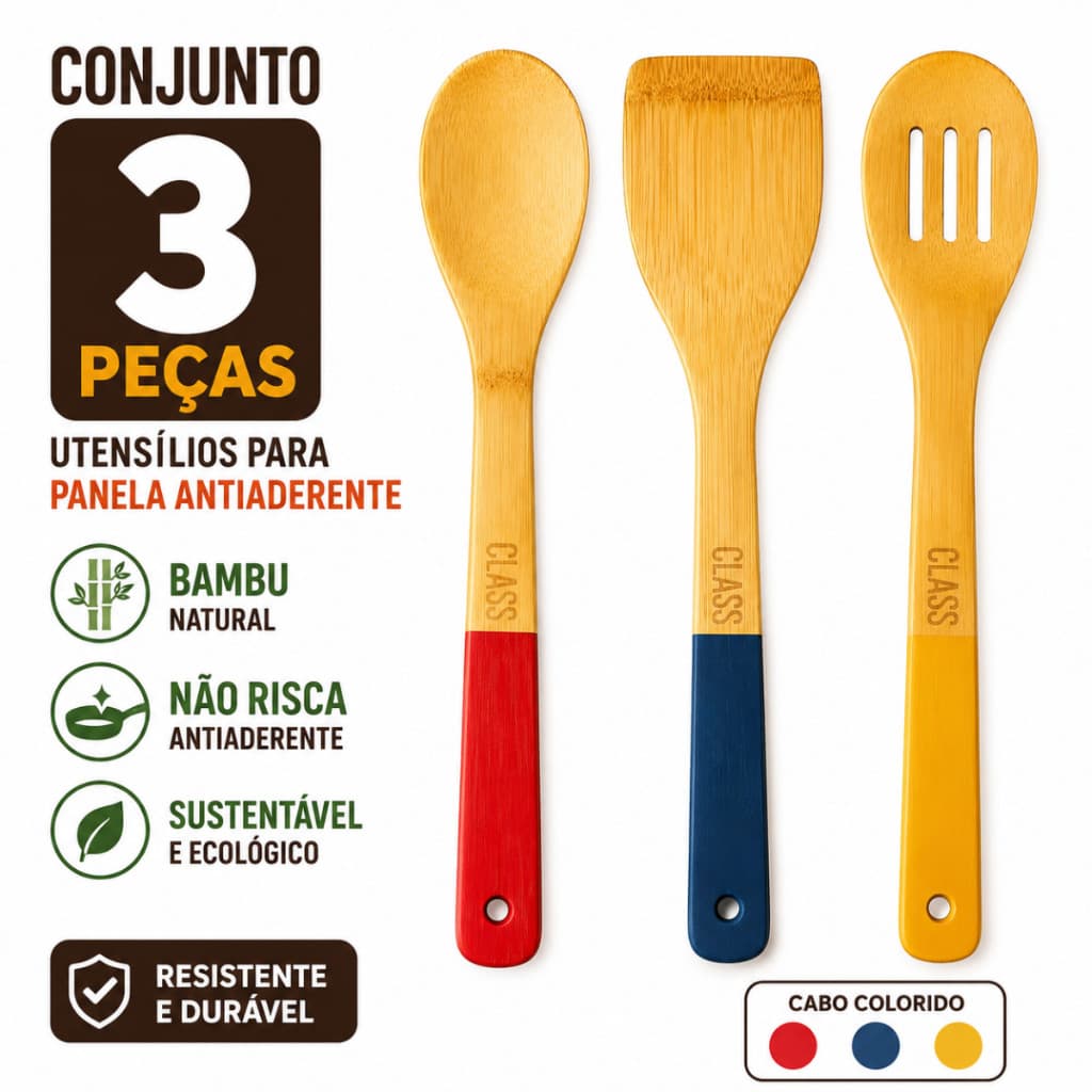 Conjunto 3 Peças Utensílios De Bambu Para Panela Antiaderente Não Risca Cabo Colorido Vintage