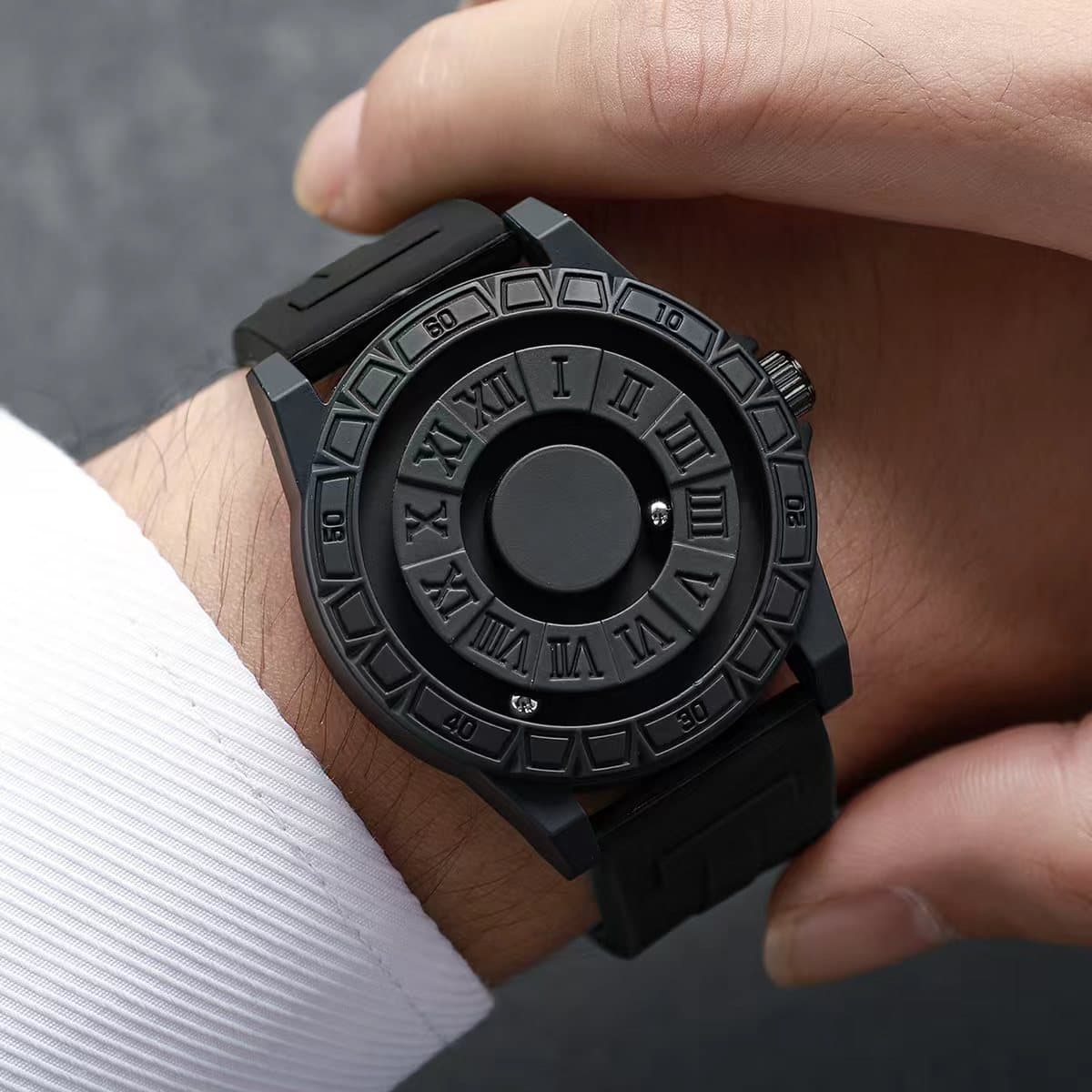  Relógio de Pulso Masculino com Pulseira de Silicone, Bola Magnética Giratória, Estilo Roma, Quartzo Analógico, Relógio