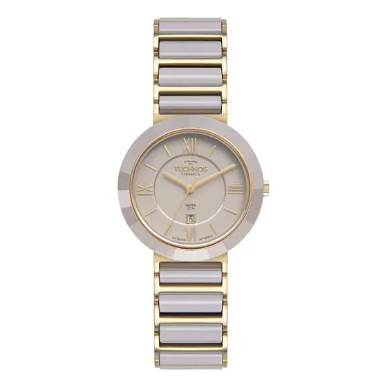 Relógio Technos Ceramic Unissex Dourado Safira 34mm Resistente Água