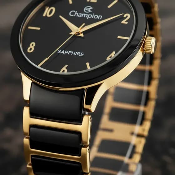 Relógio Champion Cerâmica Vidro Safira Preto Dourado Luxuoso Moderno