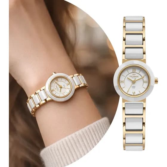 Relógio Technos Feminino Dourado e Branco - 2035LWF/1B com Caixa e Pulseira de Aço Inoxidável e Cerâmica Vidro de Safira à Prova D` Água Luxo Fashion