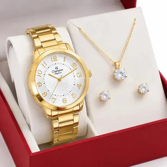 Relógio Feminino Champion CN25118W 40 Milímetros Dourado Analógico Pulseira em Aço Inoxidável com Kit Colar e Brincos Prova D´Agua 50m
