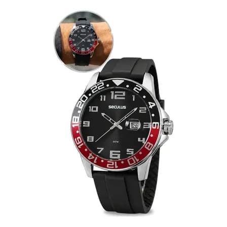 Relógio Seculus Masculino Silicone Preto 44222g0svnu1 Bisel Prateado A prova D'água Casual Presente