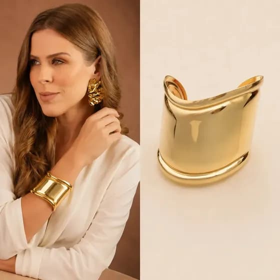 Bracelete Feminino Largo Maximalista Chique Elegante Banhado à Ouro 18k