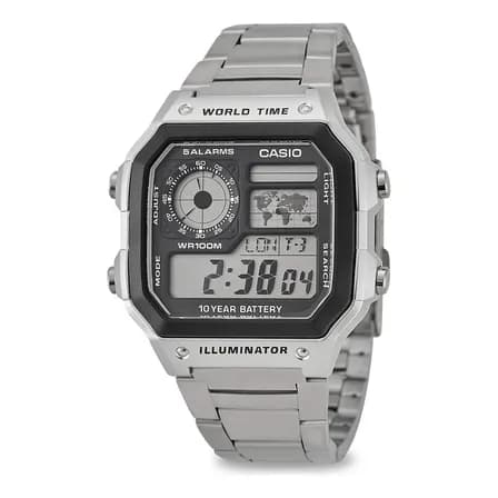 Relógio Casio AE-1200WHD-1 Masculino Word Time Prata Quadrado Cor da correia Prateado