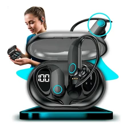 Fone de Ouvido Bluetooth 5.3 Sem Fio Tws Com Microfone Hd Gancho Ergonômico Esportivo Resistente A Água Display Digital Led Bateria Longa Duração Compatível Com Todos Celulares Preto