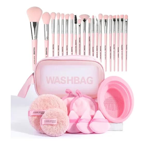 Conjunto de 20 pincéis de maquiagem profissionais e kits de cosméticos (20 pincéis de maquiagem + 7 acessórios Puff + tigela de silicone + bolsa de higiene)