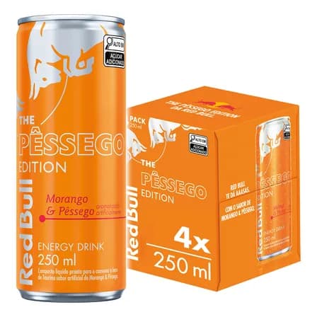 Red Bull Energético, Morango e Pêssego, 250ml, 4 latas