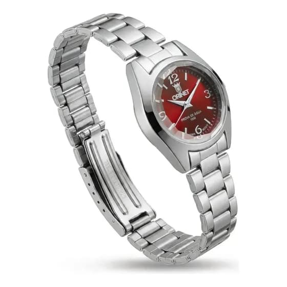 Relógio de pulso Orinet Premium XII1159 pulseira ajustável aço inoxidável resistente a água cor prateado - fundo vermelho