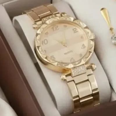 Relógio De Pulso Feminino + Colar E Brincos Folheados A Ouro 18k Qualidade Premium Semi Jóia Feminina Brindes Exclusivos Marca Popsy
