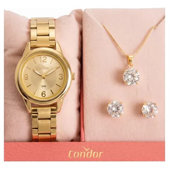 Relógio Feminino Condor CO2035NAQ/K4X 25 Milímetros Dourado com Conjunto Semi Joias Prova D´Agua 50m