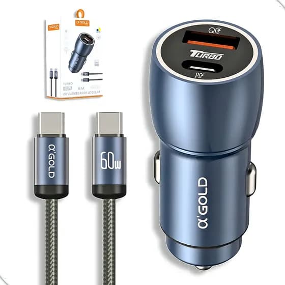 Carregador veicular 60w turbo porta dupla usb-c e cabo cor mesclado preto/azul
