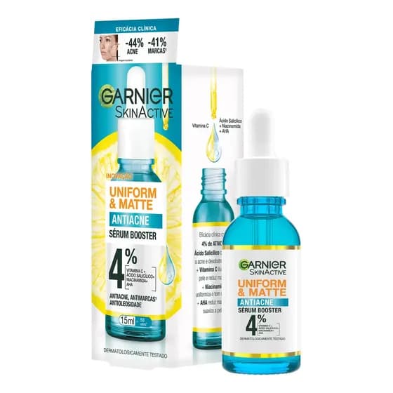 Sérum Facial Antiacne, Reduz Espinhas e Marcas Efeito Matte Antioleosidade com Vitamina C e Ácido Salicílico, Uniform & Matte Garnier, 15ml