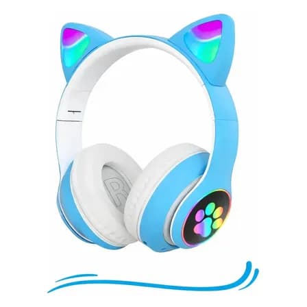 Fone De Ouvido Gatinho Bluetooth Sem Fio Infantil Led Menino Menina Cor Azul