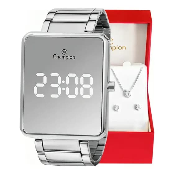 Relógio Feminino Champion CH40086S Digital Display Espelhado Led Branco com Kit Colar e Brincos