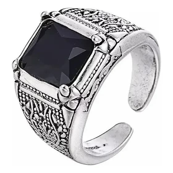 Anel Ajustável Masculino Aço Prata Black Ônix Pedra Quadrado Cor Pedra Ônix Preto