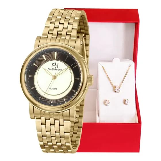 Kit Relógio Feminino Champion Ana Hickmann Dourado Ah28955x Dourado Branco E Preto