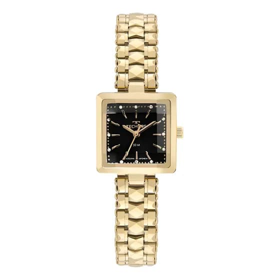 Relógio Technos Feminino Mini Quadrado Dourado Fundo Preto Pulseira Fina Maleável 2035mxhs/1p