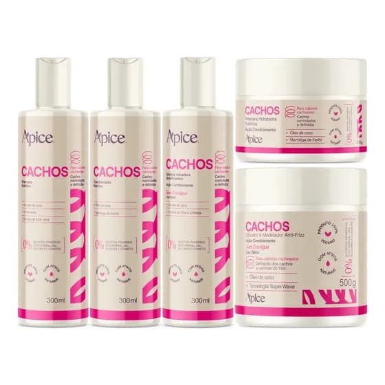 Apice Cachos Nutritivo Shampoo Condicionador Apse Gelatina Ativadora Umidificadora 300ml + Máscara Hidratação 800g Cabelos Cacheados Crespos Ondulados