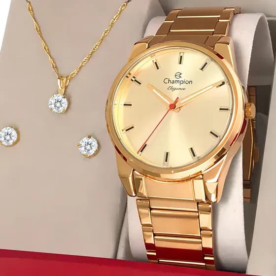 Relógio Feminino Champion CN27590X 40 Milímetros Analógico Dourado Prova D´Agua 50m com Kit Colar e Brincos