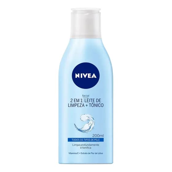 NIVEA Loção 2 em 1 Leite de Limpeza Facial + Tônico Refrescante 200ml, Limpeza Profunda, Remove Impurezas, Tonifica, Vitamina E
