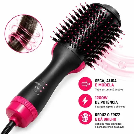 Escova Secadora Profissional 3 Em 1 1200W Seca Alisa Modela Escova Modeladora Elétrica Design Oval 3 Velocidades Para Todos Os Tipos De Cabelo Secagem Rápida Com Menos Frizz E Mais Brilho