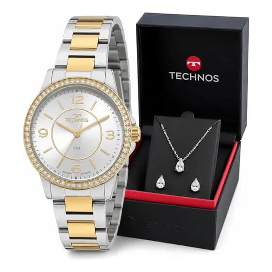 Relógio Technos Feminino 2035NCH/1K 32 Milímetros Trend Cristais Bicolor Todo em Aço Inoxidável Prova D´Agua 50m com Kit Colar e Brincos