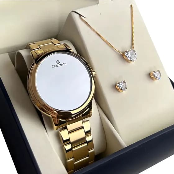 Kit Relógio Feminino Champion Espelhado Dourado Redondo + Conjunto Colar Brinco Ch40115b