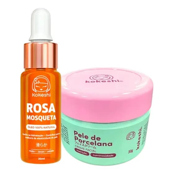 Kit Pele De Porcelana + Óleo De Rosa Mosqueta Puro Kokeshi Com Óleo e Farinha de Arroz; Pantenol; Óleo de Rosa Mosqueta.