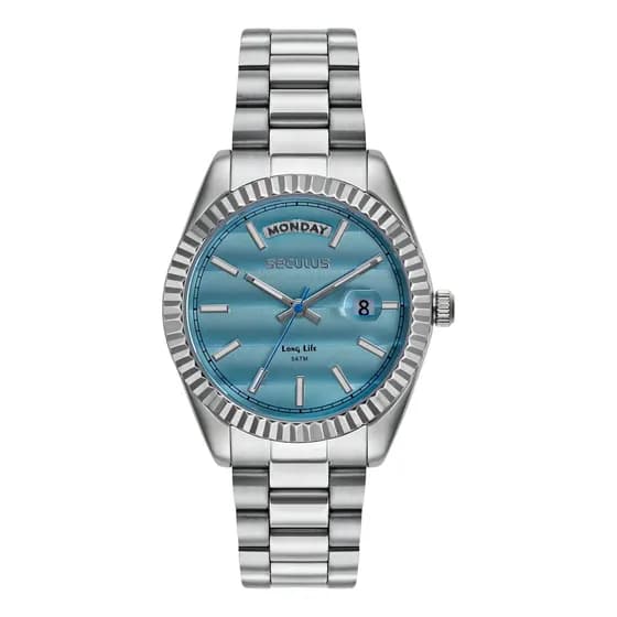 Relógio Seculus Feminino Social de Aço Prateado com Fundo Azul-celeste