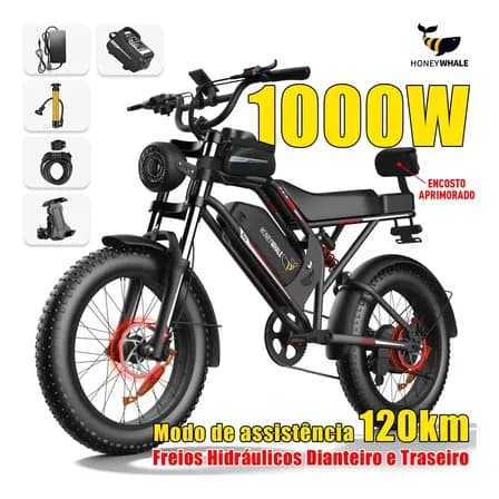 Honeywhale K6S Bicicleta Elétrica Adulto, 1000w-65km-55km/h-150KG-15,6AH, Bike-motor-autonomia-velocidade-carge, Freios Hidráulicos, Honey Whale Ebike Com Bolsa e Suporte para Celular, 20 Aro