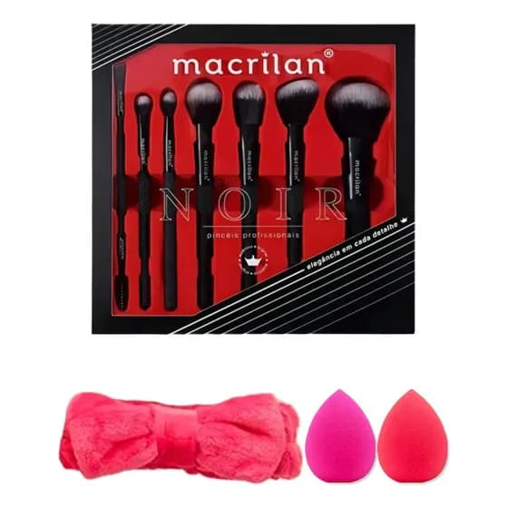 Kit 7 Pinceis Maquiagem Macrilan Ed009 + 2 Esponjas 1 Faixa Cor Preto
