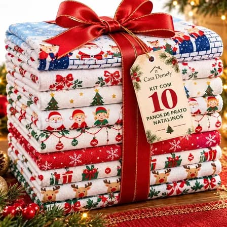 Kit 10 Panos de Prato de Natal Estampados em Algodão para Cozinha