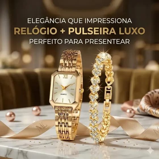 Relógio Feminino Dourado Com Pulseira de Aço Inoxidável e Strass Para Presente