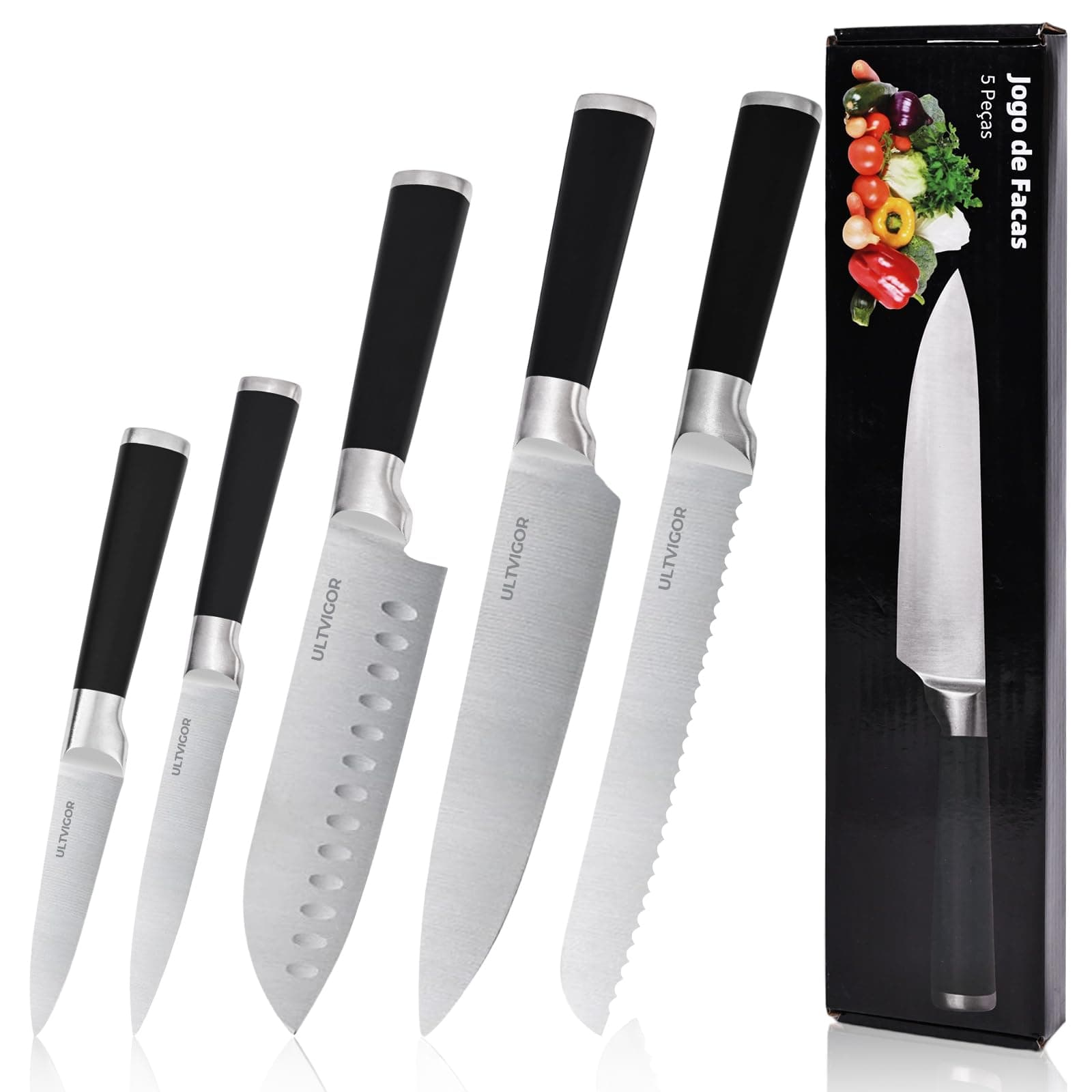 ULTVIGOR Conjunto de Facas 5 Peças, 4CR13 Aço Inoxidável Afiado e Durável, Cabo antiderrapante, Corte Preciso para Cozinhas Domésticas, Inclui Faca de Chef, Santoku, Preto
