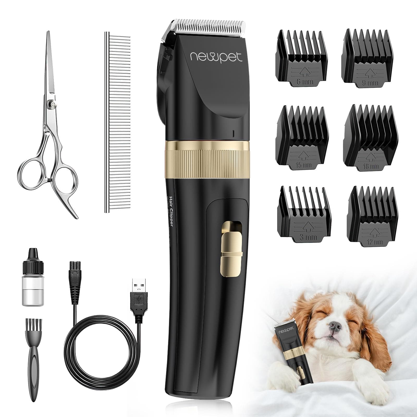 NEWPET Máquina de Cortar Pêlo para Cães, Baixo Ruído, Silenciosa, Pente Ajustável, Recarregável e Sem Fios para Cães, Gatos e Animais de Estimação, Dourada,Bivolt