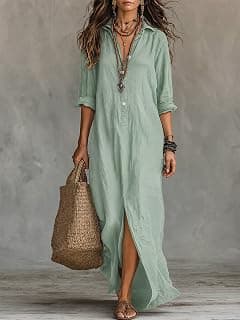 Vestido maxi feminino verde sálvia misto manga 3/4 fenda solta casual saída de praia para férias