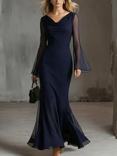 Vestido feminino maxi elegante gola drapeada casamento convidada vestido de manga comprida chiffon sereia vestido formal vestido de festa à noite