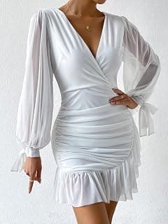 Vestido feminino colado ao corpo, manga comprida, franzido, gola V, babados e nó